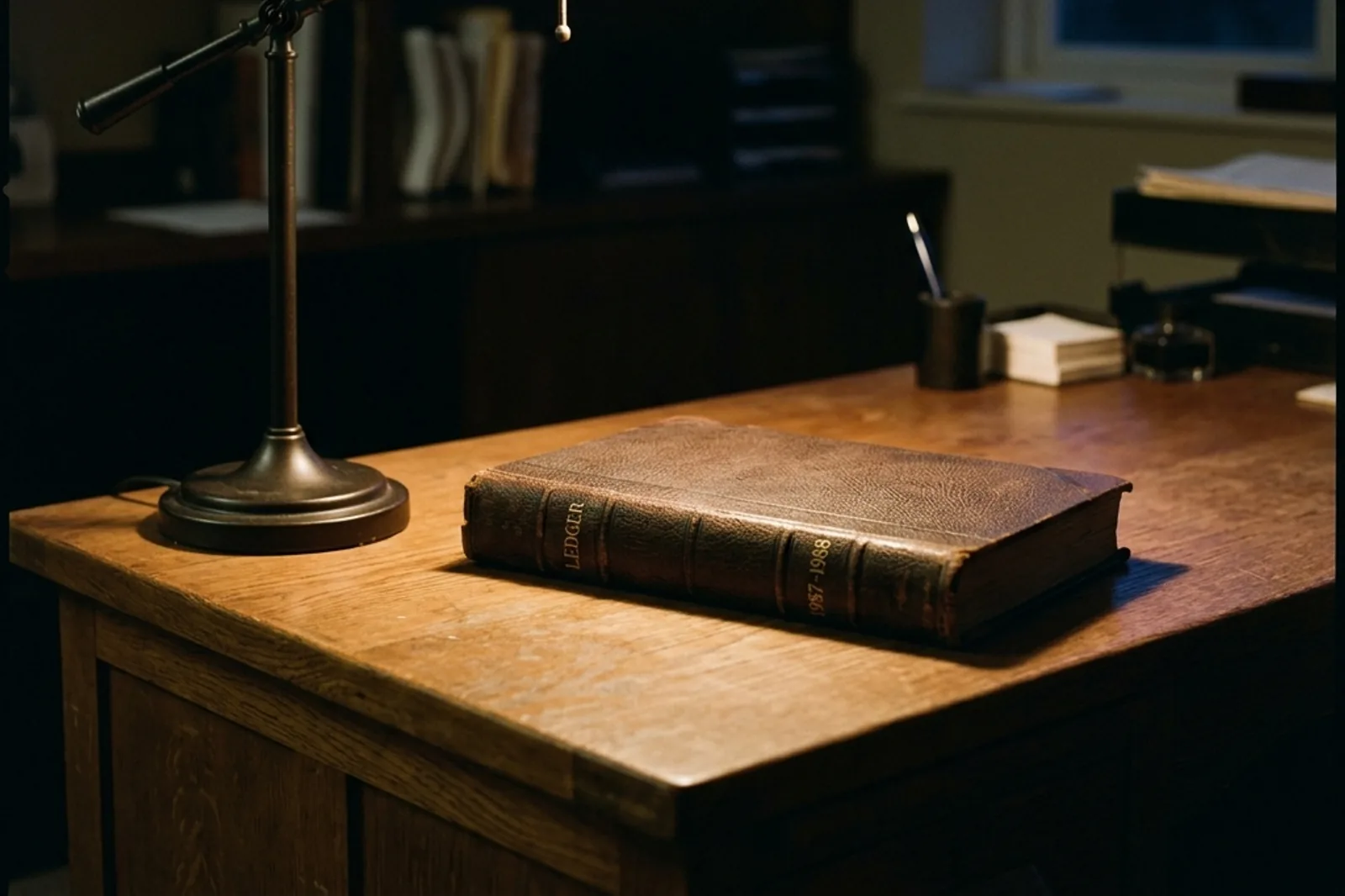A vintage desk lamp illuminated over a closed ledger book at dusk.